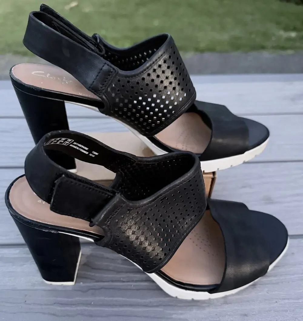 Clarks Pastina Malory Sling Back Leather Block Heel Black Size 8.5M Vacation GUC